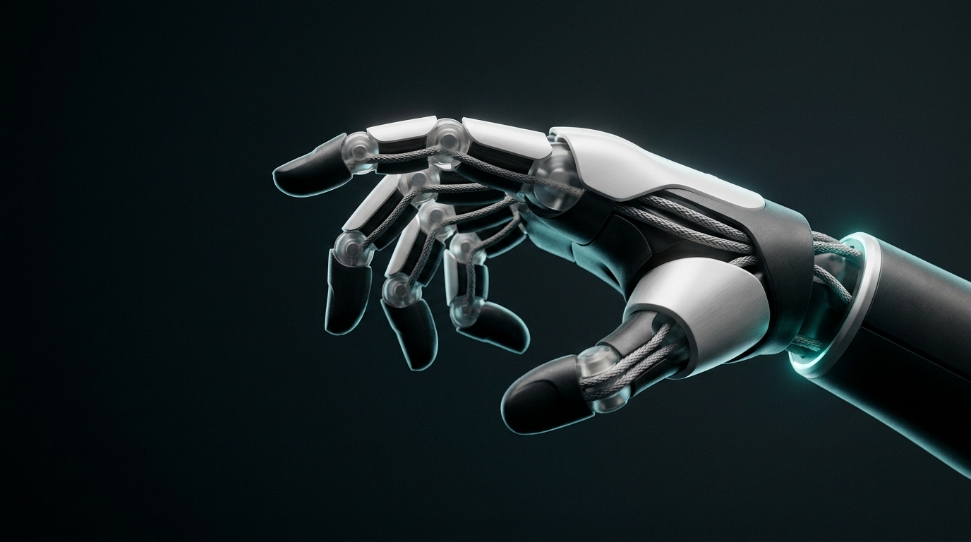 A tendon-driven, human-scale robotic hand captured mid-gesture against a dark gradient.