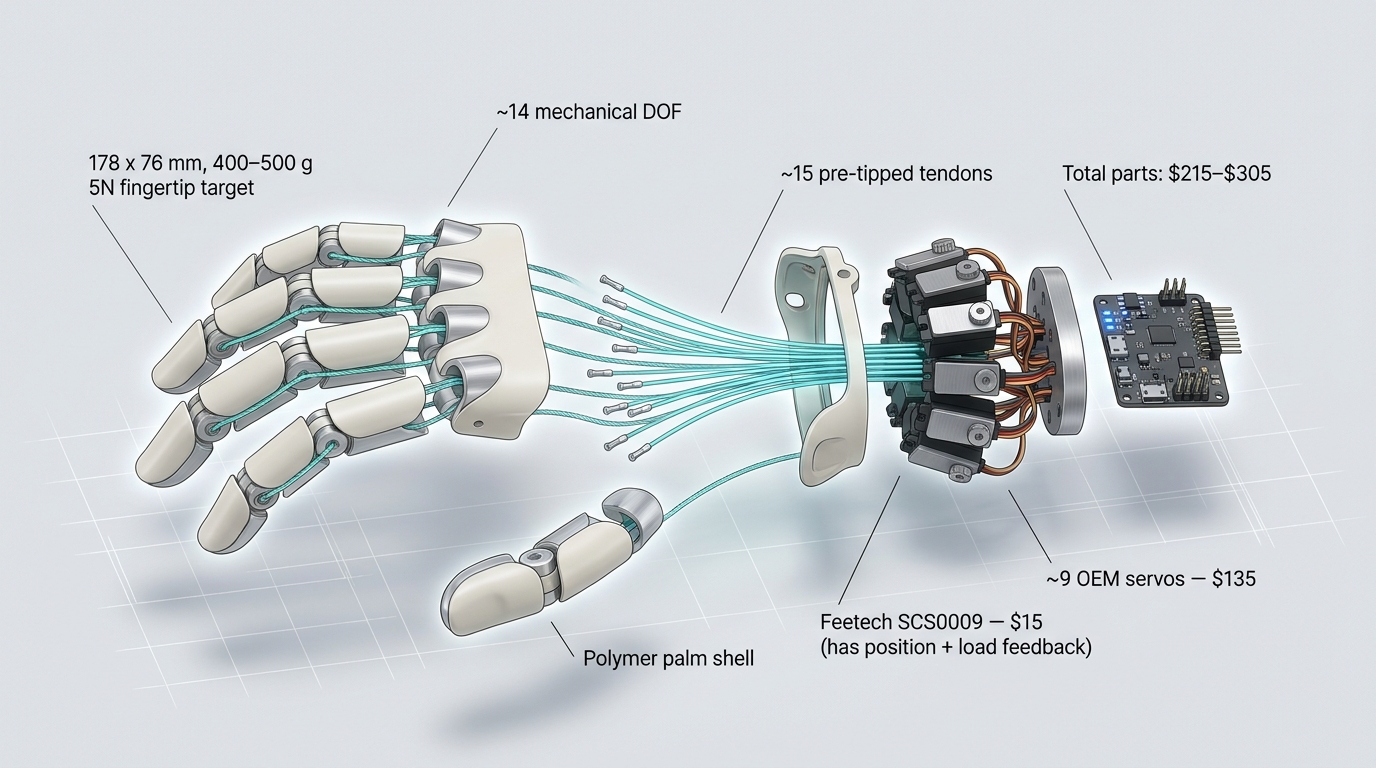 Inside the hand: a human-sized hand with about 14 moving joints, nine cheap motors, and thin cable tendons. Every part is off the shelf.
