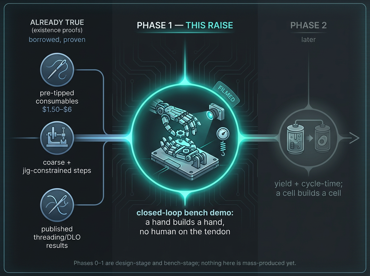 How the hands build hands: what is already proven today, the demo this round pays for, and where it leads.